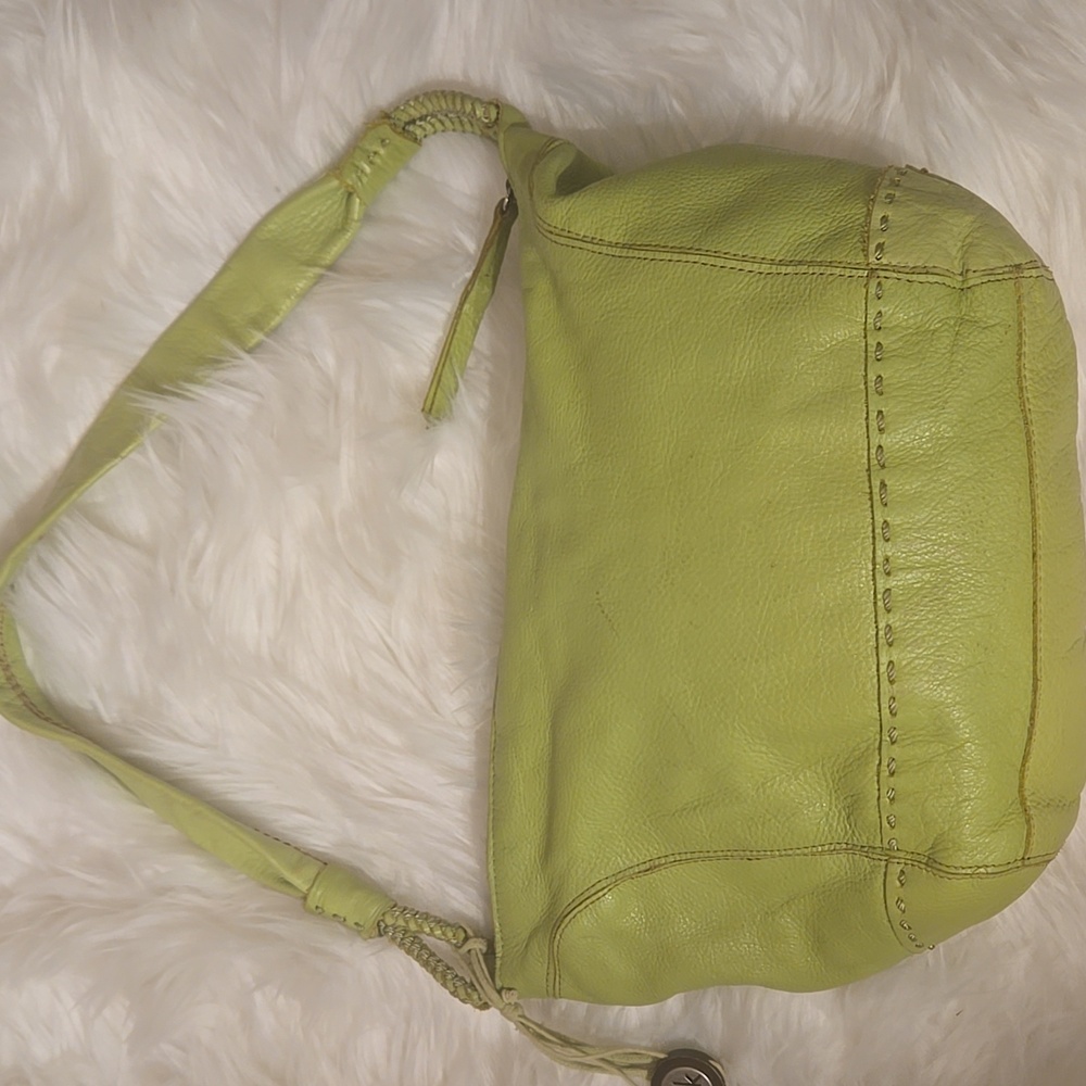 The Sak Lime Green Leather Boho Shoulder Bag Zip Close Beads Charms 15"w x11"h - Picture 3 of 10